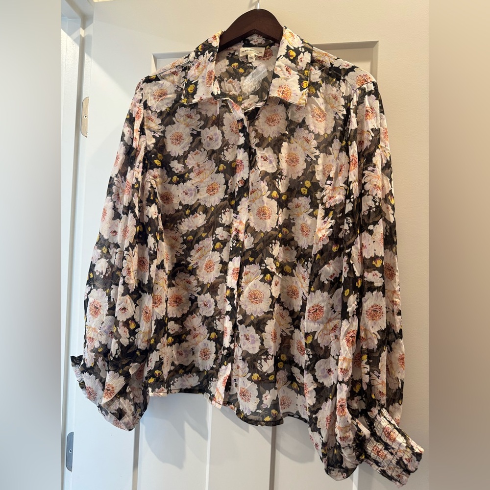 PinkBlush Floral Sheer Button-Down Puff Sleeve Blouse in Black Large NWT